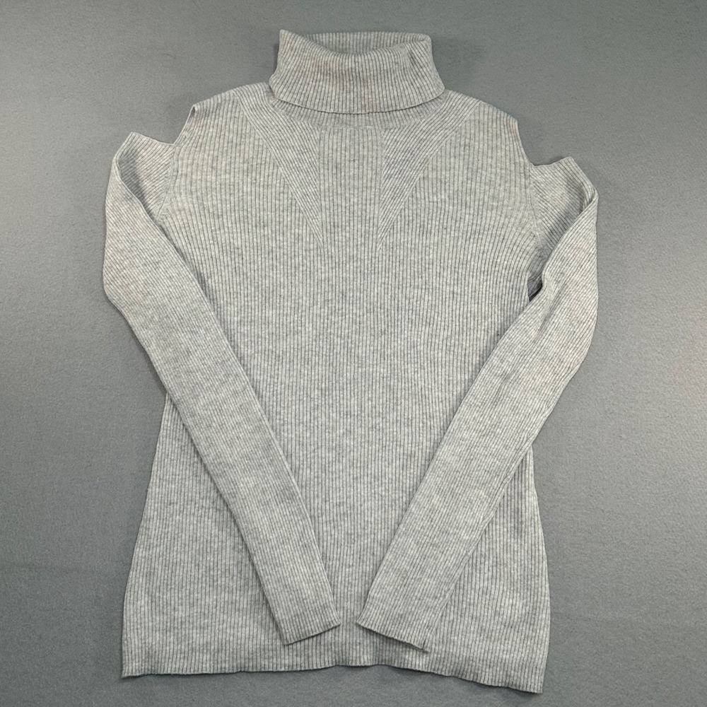 Athleta Cold Shoulder Turtleneck Sweater Womens M Gray Cashmere Blend Ribbed